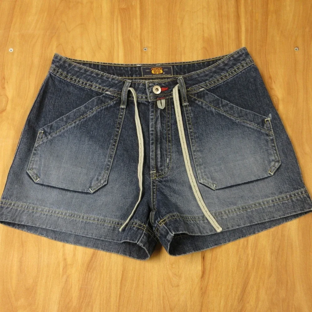 ROUTE 66 Utility Jean Shorts Drawstring VINTAGE Sz 9/10 Blue Denim Jorts Y2K 90s